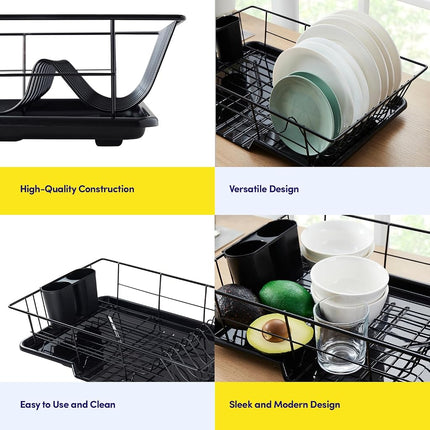 Sweet Home Collection Drying and Storage-Includes Cutlery Holder and Drainboard-Maximize Countertop Space, Metal Plastic, Black