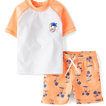 The Children's Place Boys' and Toddler Short Sleeve Rashguard and Swim Trunks, 2 Piece Set, Sunfish Palms, 6-9 Months