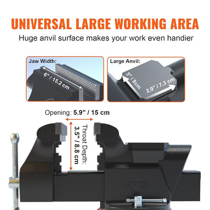 VEVOR 6-inch Jaw Width 5.9-inch Jaw Opening Heavy Duty Ductile Iron Workbench Vise with Anvil, Black