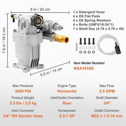 VEVOR Pressure Washer Pump, 19 mm Shaft Horizontal, 3400 PSI, 2.5GPM, Replacement Power Washer Pumps Kit, Parts Washer Pump, Compatible with Honda, Simpson, RYOBI, Briggs & Stratton, Subaru, Craftsman