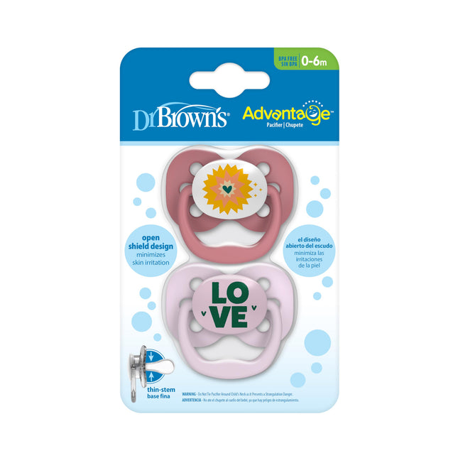 Sucette Advantage de Dr. Brown's, sucette entièrement symétrique avec tétine souple en silicone, Lavande amour, 0-6m, sans BPA, lot de 2