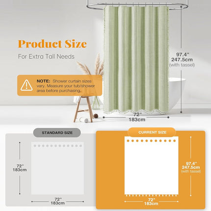 BTTN 72x96 Extra Long Boho Linen Heavy Duty Shower Curtain Set, Sage Green