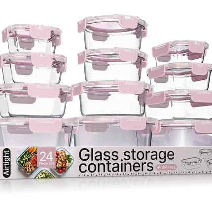 Récipients de Conservation Alimentaire en Verre Borosilicaté Rose avec Couvercles, 24 Pièces, Qualité Alimentaire, Sans BPA, Empilables, pour Déjeuner et Restes, Adaptés au Micro-ondes, au Congélateur et au Lave-vaisselle, Hermétiques et Anti-fuites