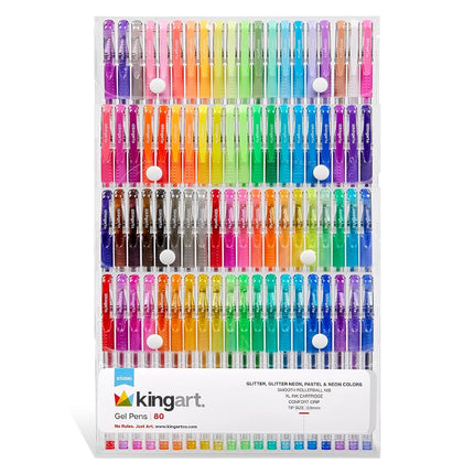 KINGART 400-80 Glitter Rollerball Gel PENS, 80 Sparkling Colors with Soft-Grip Comfort, XL Ink Cartridge - for Coloring, Doodling, Scrapbooking, Journaling and General Use, All Ages, 80 Pens