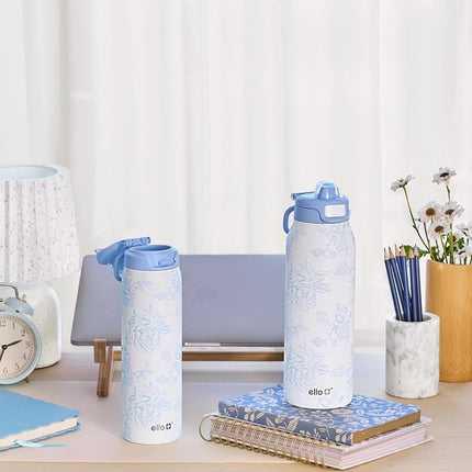 Ello Pop & Fill 32oz Stainless Steel Water Bottle with QuickFill Technology, Double Walled and Vacuum Insulated Metal, Leak Proof Locking Lid, Straw and Chug, Reusable, BPA Free, Porcelain Rose