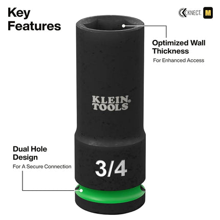 Klein Tools 65123HD KNECT Deep-Well Impact Socket Set, 1/2-Inch Drive, SAE and Metric, 28-Piece Tool Set, 1/4-Inch Impact Driver, Wrench Extensions, Color-Coded, Removable Socket Organizer