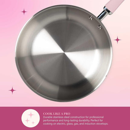 Paris Hilton Stainless Steel Pots and Pans Set with Stay-Cool Pink Handles, Tempered Glass Lids, Bonus Heart Shaped Measuring Cups and Spoons, Dishwasher Safe Cookware, 10-Piece Set