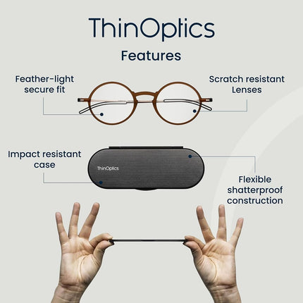 ThinOptics Reading Glasses 2.00, Brown Frame, 4mm Case, for Men and Women