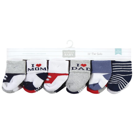 Hudson Baby Chaussettes riches en coton pour nouveau-nés et chaussettes en tissu éponge pour bébés filles, maman papa garçon marine rouge, 0-6 mois