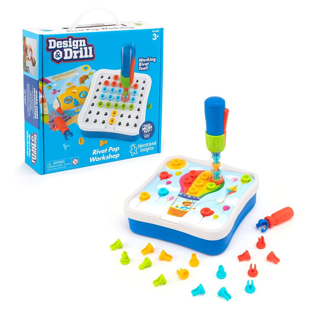 Educational Insights Design & Drill Riveting Workshop, 54 Pieces with Electric Toy Drill, STEM Toy, Boys & Girls Ages 3+
