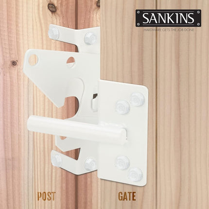 Self-Locking Gate Latch Heavy Duty Post Mount Automatic Gravity Lever for Wooden/PVC Fence, Door Lock with Fasteners Hardware for Secure Pool |Yard | Garden, Steel, White