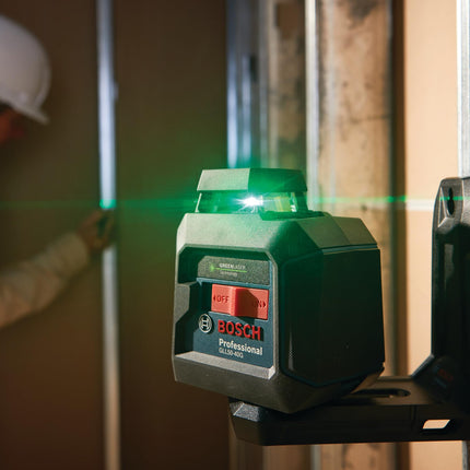 BOSCH GLL50-40G Green-Beam Self-Leveling 360 Degree Cross-Line Laser, Includes 4 AA Batteries, L-Bracket, Ceiling Clip, & Hard Carrying Case