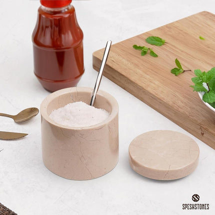 Verona Marble 3" Handmade Salt Cellar with Lid & Spoon – Ideal Countertop Spice & Salt Box.