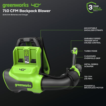 Soplador de Hojas de Mochila Inalámbrico Sin Escobillas Greenworks 40V (282 km/h / 20.1 m³/min) de Doble Puerto, (2) Baterías de 8.0 Ah y Cargador Incluidos