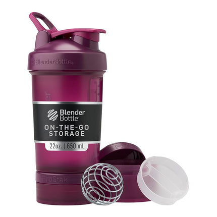 BlenderBottle Vaso mezclador con organizador de pastillas y almacenamiento para proteína en polvo, sistema ProStak clásico V2, 650 ml, color ciruela