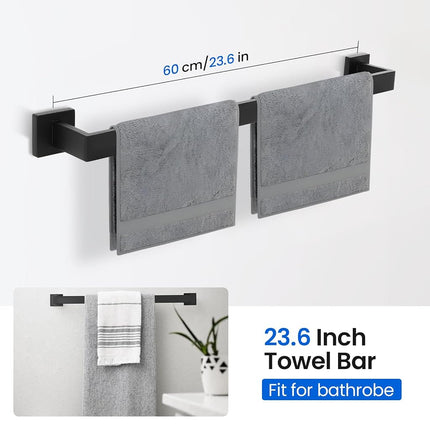 FAHKNS Juego de accesorios de baño de 10 piezas, juego de barra de toalla de baño de acero inoxidable de 60 cm, juego de aro de toalla cuadrado para montaje en pared de baño, negro
