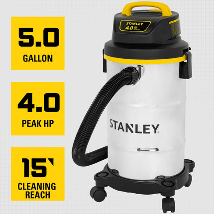 Stanley Wet/Dry Hanging Vacuum, 4.5 Gallon, 4 Horsepower, Stainless Steel Tank