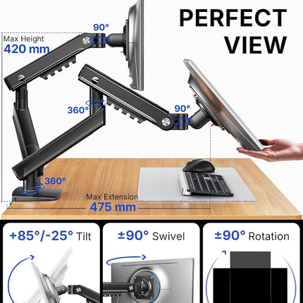 HUANUO Dual Monitor Arm for 13–32" Screen, Double Monitor Stand Holds 2–9kg