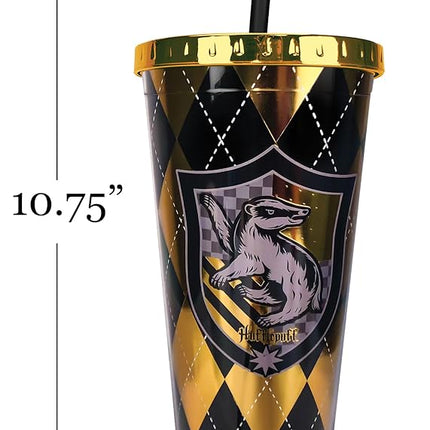 Spoontiques - Harry Potter Tumbler - Hufflepuff Foil Cup with Straw - 20 oz - Acrylic - Yellow