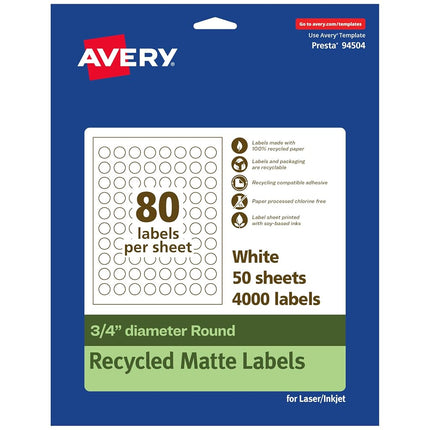 Avery EcoFriendly Matte White Recycled Round Labels, 0.75" Diameter, Print-to-The-Edge, Matte White Labels, Permanent Label Adhesive, Laser/Inkjet, 4,000 Printable Labels