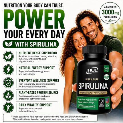 Spirulina Powder Capsules 3000 mg - Purest Non-Irradiated Blue Green Algae - Best Raw Vegan Protein - Green Superfood - Natural Multivitamins – 180 Pills Made in the USA