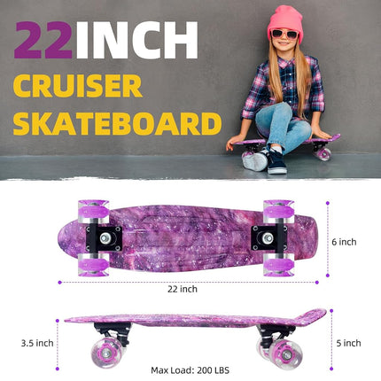 Nattork Skateboards 22 Inch Mini Cruiser Purple Skateboard Complete Retro Skate Boards with Colorful Light Up PU Wheels for Kids Girls Boys Beginners