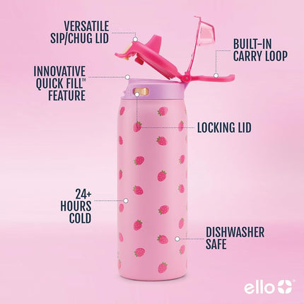 Ello Kids Pop & Fill 18oz Stainless Steel Water Bottle with Quick Fill Technology, Double-Wall Vacuum Insulation, Leak Proof Locking Lid, Sip & Chug, BPA Free, Gifts for Girls Boys, Strawberries