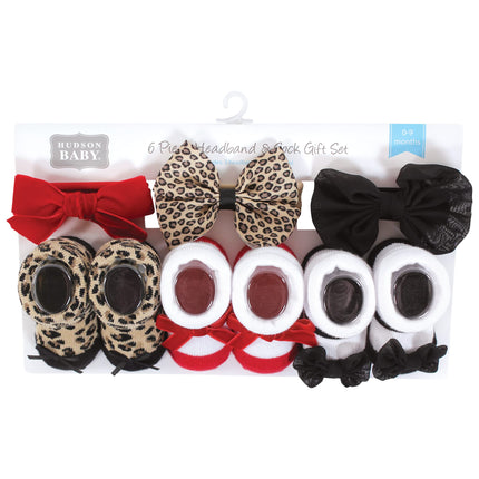 Hudson Baby Girl's Headband and Socks Giftset, Red Leopard, One Size