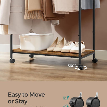SONGMICS Clothes Rack with Wheels, Double-Rod Clothing Rack for Hanging Clothes, 38.8 Inches Garment Rack with Shelf, Loads up to 220 lb, for Bedroom, Closet, Rustic Brown and Ink Black UHSR152B01