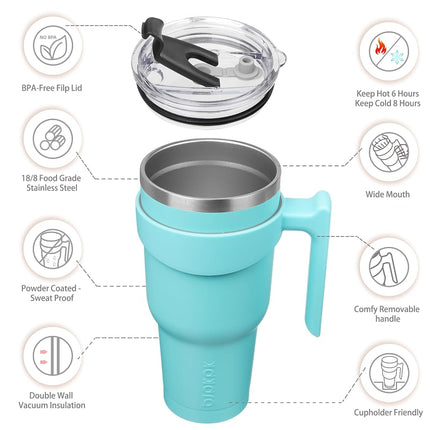 BJPKPK Tumbler with Handle and Straw Lid 40 oz Stainless Steel Insulated Coffee Tumbler Cups for Home, Office or Car,Turquoise