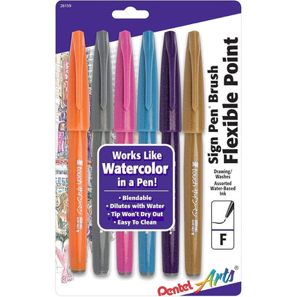 Pentel SES15CBP6M1 Arts Sign Pens with Brush Tip, Multi-Colour, Pack of 6