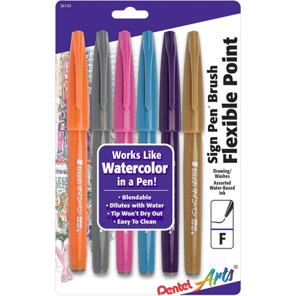 Pentel SES15CBP6M1 Arts Sign Pens with Brush Tip, 