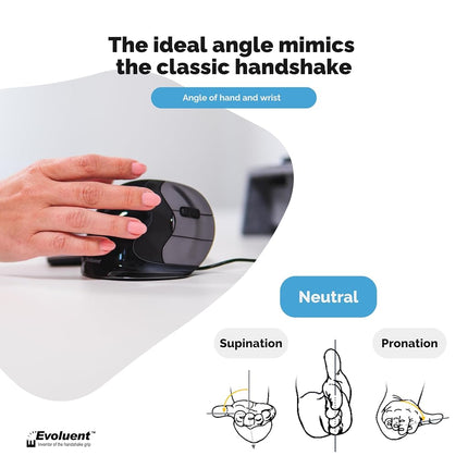 Evoluent VerticalMouse D Featuring Comfortable Handshake Position, Grooved Extended Lip Buttons, Thumb Buttons, Adjustable Pointer Speed With Indicators - Right Handed USB Wired - Large