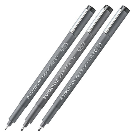 STAEDTLER Pigment Liner Pack, Black, 3 Pens, Assorted Line Widths 0.5mm/1.2mm/Chisel, 308-9S2BK3