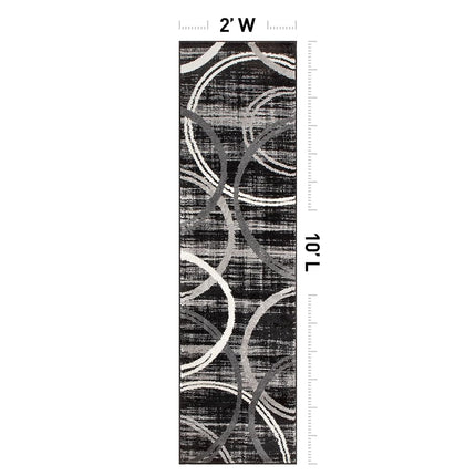 Rugshop Modern Wavy Circles Design Runner Rug, Fade-Resistant Carpet for Hallway, Entryway, or Kitchen, Black, 2' x 10'