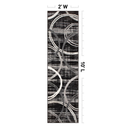 Rugshop Modern Wavy Circles Design Runner Rug, Fade-Resistant Carpet for Hallway, Entryway, or Kitchen, Black, 2' x 10'