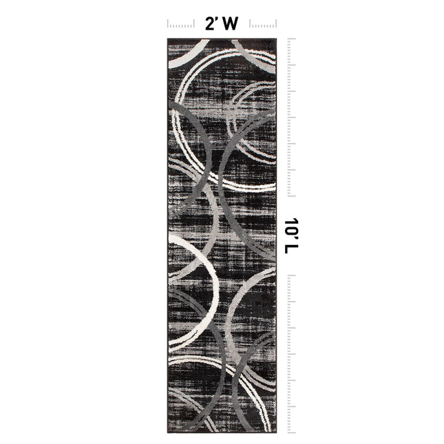 Rugshop Modern Wavy Circles Design Runner Rug, Fade-Resistant Carpet for Hallway, Entryway, or Kitchen, Black, 2' x 10'