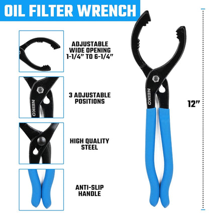Neiko 03422A Oil Filter Wrench, 12” Adjustable Oil Filter Pliers, 3 Adjustable Positions, Fits 2-3/8” to 4-1/2”, Oil Change Tools, Filter Removal Tool