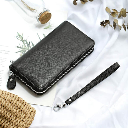 Moflycom Cartera de Mujer RFID Bloqueo de Cuero Genuino con Cremallera, Cartera de Mano con Correa de Muñeca, Cartera Larga de Viaje para Mujer, Negro, L, Cartera RFID