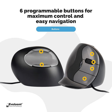Evoluent VerticalMouse D Featuring Comfortable Handshake Position, Grooved Extended Lip Buttons, Thumb Buttons, Adjustable Pointer Speed With Indicators - Right Handed USB Wired - Large