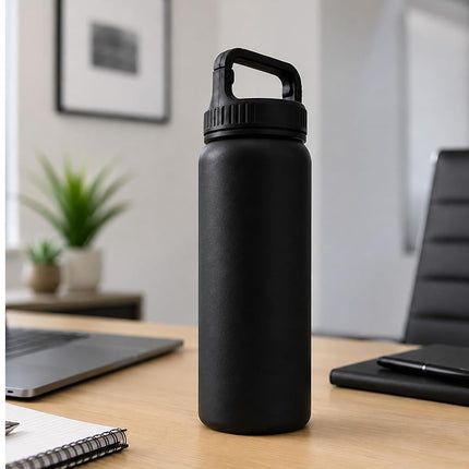 SipX™ Insulated Water Bottle with 3 Lids 25 oz (740 mL). Leakproof Stainless Steel, Triple Insulated – Cold 24 Hours/Hot 12 Hours – Durable Bottle for School, Gym, Travel – Black