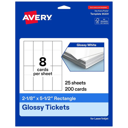 Avery Printable Rectangle Tickets, 2-1/8" x 5-1/2", Glossy White Cardstock, Laser/Inkjet Printable, 200 Total