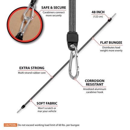 Performance Tool W1456 48-Inch Flat Bungee w/Carabiner - Heavy Duty, Securely Fasten and Tie Down Cargo, Ideal for Trucks, Vans, and SUVs