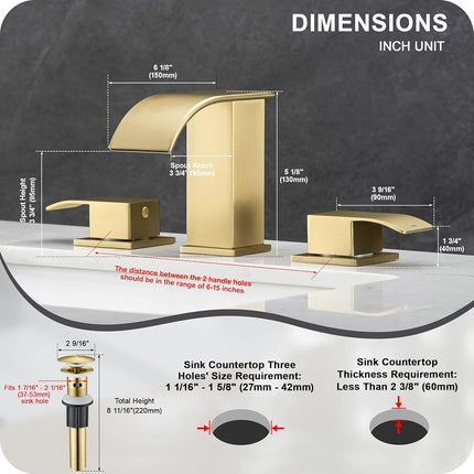 GAGALIFE Grifos de baño de 8 pulgadas tipo cascada de 3 orificios - Grifo de baño dorado cepillado de montaje extendido con desagüe emergente, grifo de lavabo de baño de dos manijas, Patente No. : US D967,340 S