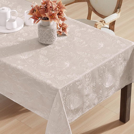 Laura Ashley Tablecloth Raised Woven Embroidered Jacquard Fabric, Wrinkle Resistant for Dining, Holiday, Party, Wedding or Banquet, 60" x 120", Cynthia Beige