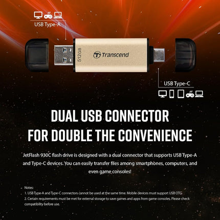 Transcend JetFlash 930C 128GB Dual USB Memory Stick, Type-C & Type-A, Speed up to 420MB/s-Soft Gold TS128GJF930C