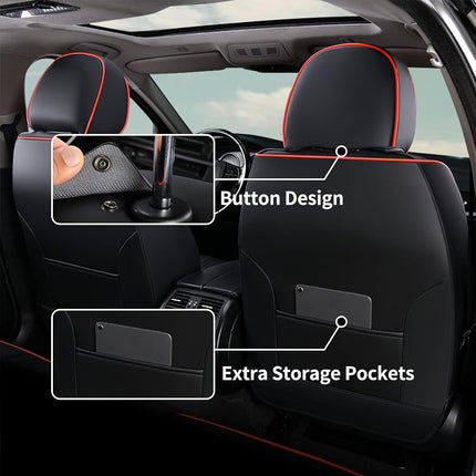 FLORICH Fundas de asiento automotriz Asientos delanteros Funda de asiento de coche impermeable Cojín de asiento de coche negro Protector de asiento de coche de cuero Ajuste universal para la mayoría de coches, camiones y SUV, línea negra y roja