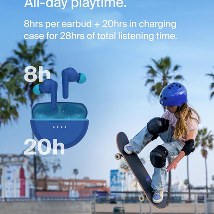 Belkin SoundForm Nano 2 Bluetooth Earbuds for Kids with Built-in Microphone, 28H Battery Life, Safe 85dB Volume, IPX5 Water Resistance - Kids Bluetooth Earbuds for iPhone, iPad, Galaxy, & More - Blue