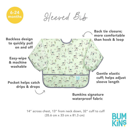 Bumkins Sleeved Bib, Handy Tie Closure for Custom Fit, Catch-All Pocket, Baby-Led Weaning, Waterproof, Machine Washable, Stain & Odour Resistant, BPA Free, 6-24 Months, Llama Design