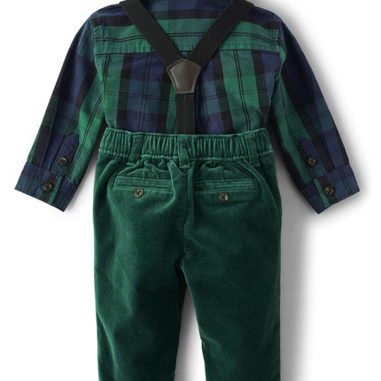 Gymboree conjunto de 3 piezas para bebé niño, camiseta y pantalón con tirantes para ocasiones especiales, azul marino, 6-9 meses